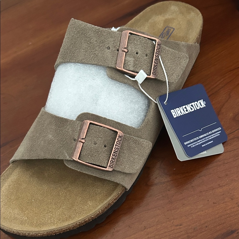 Birkenstock Men's Arizona Suede Sandal - Taupe with Copper Buckles
